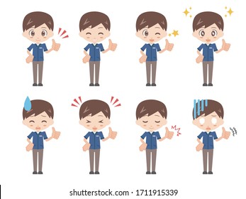 Illustrations of men doing good signs.
A set of various facial expressions.
A version wearing a convenience store uniform.