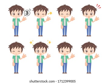 Illustrations of men doing the hand sign of the number three with their left hand.
A set of various facial expressions.
A version dressed in green.