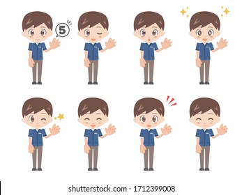 Illustrations of men doing the hand sign of number 5 with their left hand.
A set of various facial expressions.
A version wearing a convenience store uniform.