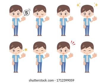 Illustrations of men doing the hand sign of number 5 with their left hand.
A set of various facial expressions.
Version dressed in blue.