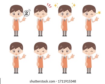 Illustrations of men doing peace signs.
A set of various facial expressions.
Supermarket uniformed version.