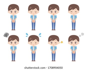 Illustrations of men holding hands in front.
A set of various facial expressions.
A version dressed in blue.