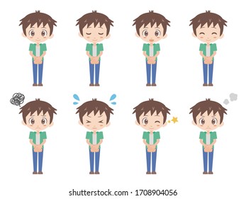 Illustrations of men holding hands in front.
A set of various facial expressions.
Version dressed in green.