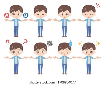 Ilustraciones de hombres con los brazos abiertos.
Un conjunto de diversas expresiones faciales.
Una versión vestida de azul.