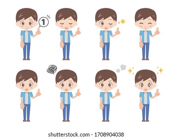 Illustrations of men pointing up with their left hands.
A set of various facial expressions.
A version of a man dressed in blue.