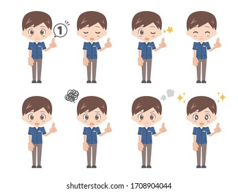 Illustrations of men pointing up with their left hands.
A set of various facial expressions.
A uniformed version of a convenience store clerk.