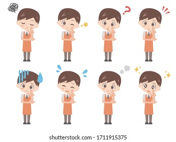 Illustrations of men posing with their left hands on their faces and their left elbows supported by their right hands.
A set of various facial expressions.
Supermarket uniformed version.