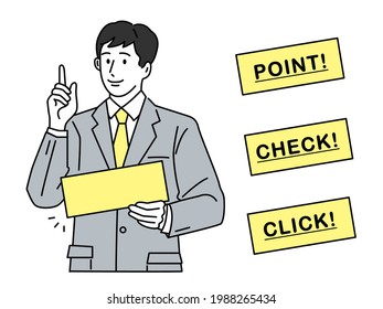 Illustrations of men representing points, attention, and presentations (business, clicks, checks, ideas, discoveries)