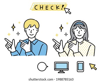 Illustrations of men representing points, attention, and presentations (business, clicks, checks, ideas, discoveries)