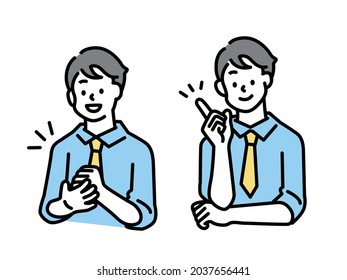 Illustrations of men representing points, attention, and presentations business, clicks, checks, ideas, discoveries