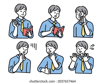 Ilustraciones de hombres que representan puntos, atención y presentaciones de negocios, clics, cheques, ideas, descubrimientos