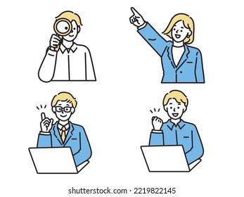 Illustrations of men representing points, attention, and presentations business, clicks, checks, ideas, discoveries