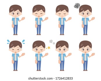 Illustrations of men showing something by raising their left palm.
A set of various facial expressions.
A version dressed in blue.
