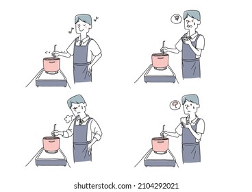 Illustrations of men with various facial expressions cooking Warm hand-drawn portraits Vector on a white background