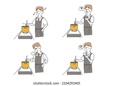 Illustrations of men with various facial expressions cooking Warm hand-drawn portraits Vector on a white background