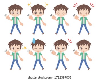 Ilustraciones de hombres ondeando sus manos derechas mientras caminan.
Un conjunto de diversas expresiones faciales.
Una versión vestida de verde.