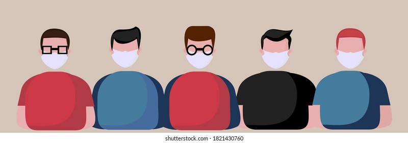 illustrations of the men wearing health masks on their faces, white masks, etc