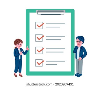 Illustrations of men and women checking the checklist