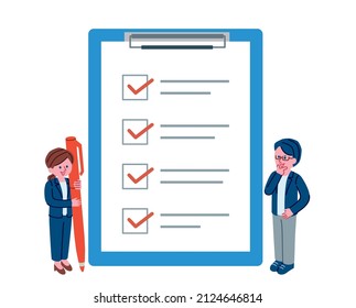 Ilustraciones de hombres y mujeres revisando la lista de verificación