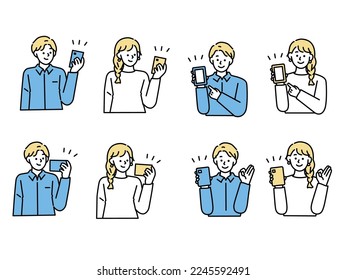 Ilustraciones de hombres y mujeres con smartphones.Smartphones, SNS, redes sociales, redes sin efectivo.