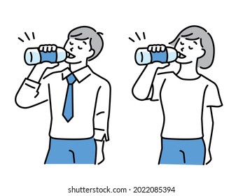 Illustrations of men and women hydrating . summer, heat stroke, drinking water, resting, health, prevention, refreshing.