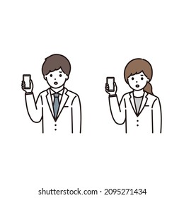 Illustrations of men and women of pharmacists and doctors who explain while having trouble with smartphones