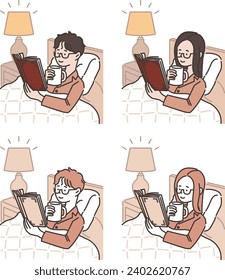 Illustrations of men and women reading on their beds before going to bed