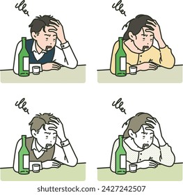 Illustrations of men and women suffering from hangovers and headaches