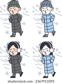 illustrations of men and women wearing long padded coats and shivering in the cold