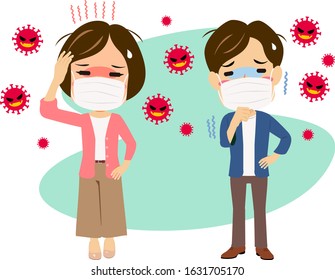 A illustrations of men and women who are unwell due to coronavirus