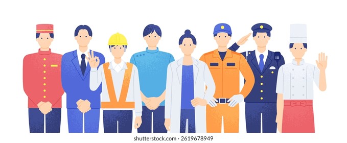 Illustrations of men and women working in the hotel industry, construction sites, medical, police, and food service industries.