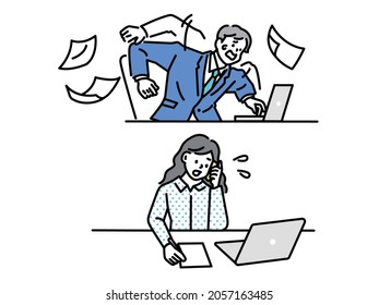  Illustrationen von Männern und Frauen in Überstunden.Arbeit, Unternehmen, Datenvorbereitung, Quoten, Panik, beschäftigt, Telefonate, Termine, Frustrationen.