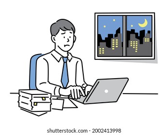 Illustrations of men working overtime . work, business, materials preparation, meetings, fatigue, busyness, irritation