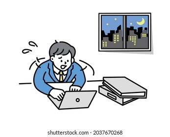 Ilustraciones de hombres trabajando horas extra . trabajo, negocios, preparación de materiales, reuniones, fatiga, negocios, irritación