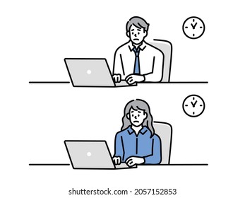 Ilustraciones de hombres trabajando horas extra . trabajo, negocios, preparación de materiales, reuniones, fatiga, negocios, irritación