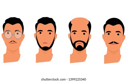 
illustrations of men's faces, with 4 different characters, for hairstyles, flat designs, icons, vectors.