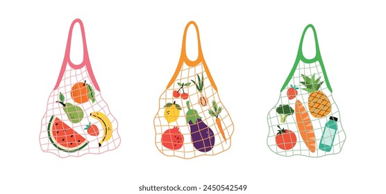 Illustrations of mesh bags with different products. Eco bags with fruits, supermarket products