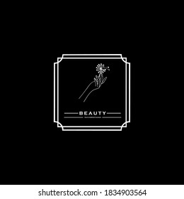 Illustrationen im minimalen linearen Stil - minimalistische moderne Kunst - weibliches Porträt und Blumen. Emblem für Kosmetikstudio und Kosmetik