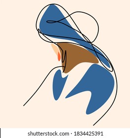 illustrations in a minimalistic linear style - minimalistic modern art - portrait of a woman in a hat - abstract t-shirt print-beauty 