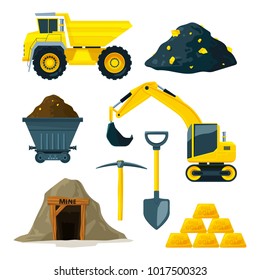 Illustrations of mining industry at different minerals, gold and diamonds. Gold industry underground, truck and mine vector