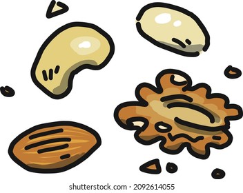 Ilustraciones de nueces mixtas, como cacahuetes, almendras, anacardos y nueces