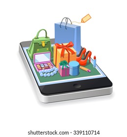 Illustrations mobile online shopping of  woman accessories concept. gift boxes, pomade, shoes, bag and cosmetics laying down on smartphone.  Vector illustration.