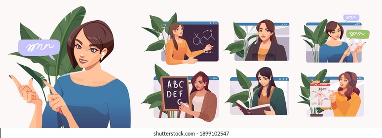 Illustrations of modern female teachers. Concepts of online education, training, and courses, learning, video tutorials. Vector