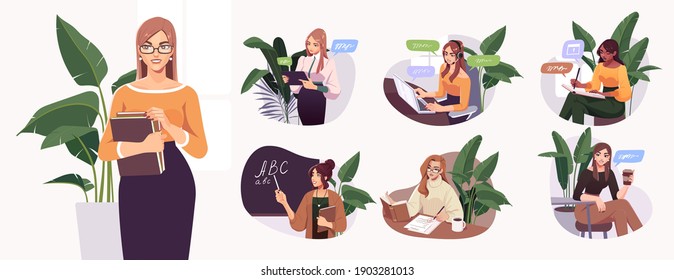 Illustrations of modern female teachers. Concepts of online education, training, and courses, learning, video tutorials. Vector