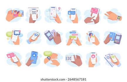 Ilustrações de dispositivos móveis modernos e interações para uma melhor experiência do usuário