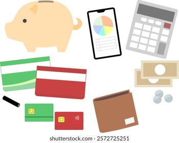 Illustrations of money-related items such as passbooks and calculators. Image for household budget management and asset planning.