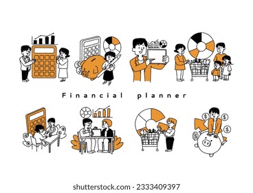 Illustrations of money-related occupations such as financial planners, accountants, and tax accountants