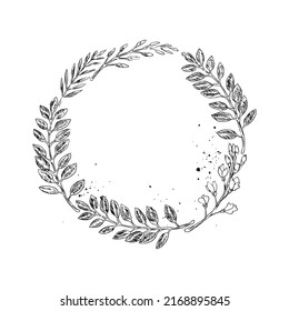 illustrations monochrome of wreaths in sketch style.