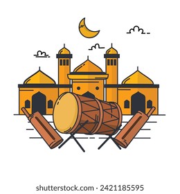 Illustrations of mosque buildings, drums and bells to show the excitement of the holy month of Ramadan