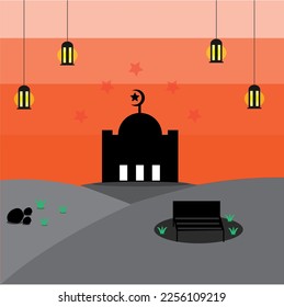 illustrations of mosques and lights and hills with other decorations on the theme of the month of Ramadan